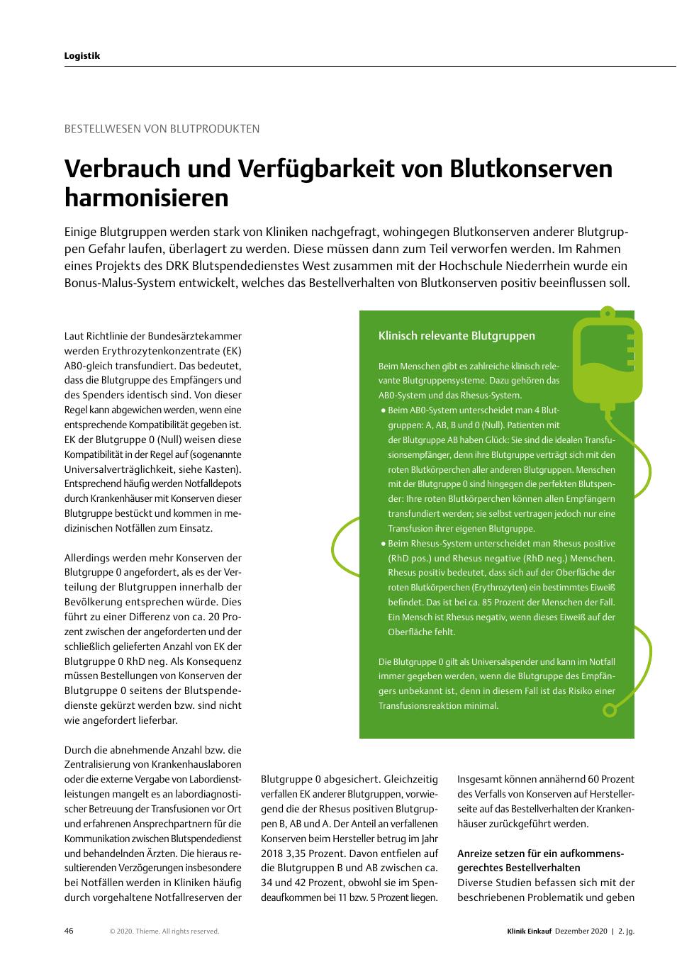 Vorschauseite 1: Bestellwesen von Blutprodukten: Verbrauch und Verfügbarkeit von Blutkonserven harmonisieren