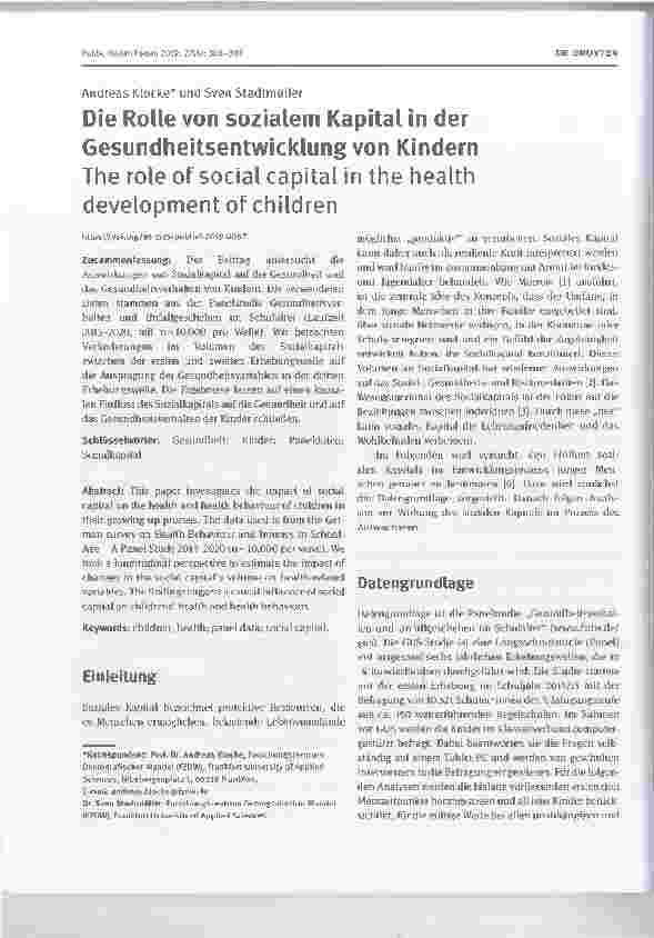 Vorschauseite 1: Die Rolle von sozialem Kapital in der Gesundheitsentwicklung von Kindern