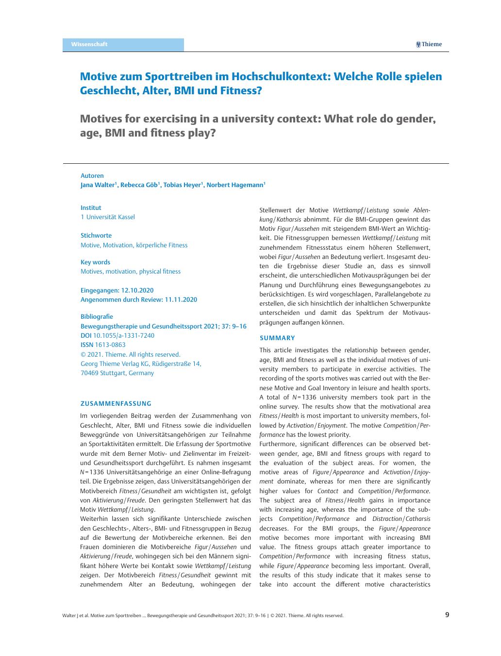 Vorschauseite 1: Motive zum Sporttreiben im Hochschulkontext: Welche Rolle spielen Geschlecht, Alter, BMI und Fitness?