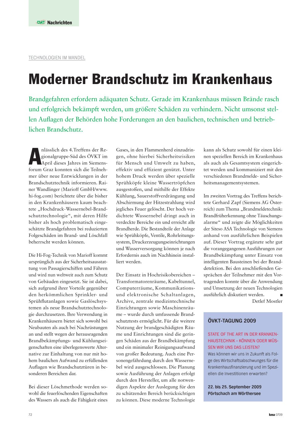 Vorschauseite 1: Moderner Brandschutz im Krankenhaus