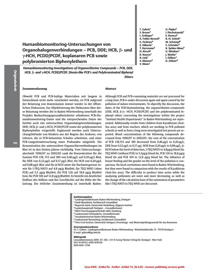 Vorschauseite 1: Humanbiomonitoring-Untersuchungen von Organohalogenverbindungen - PCB, DDE; HCB, βund γ-HCH, PCDD/PCDF, koplanaren PCB sowie polybromierten Biphenylethern