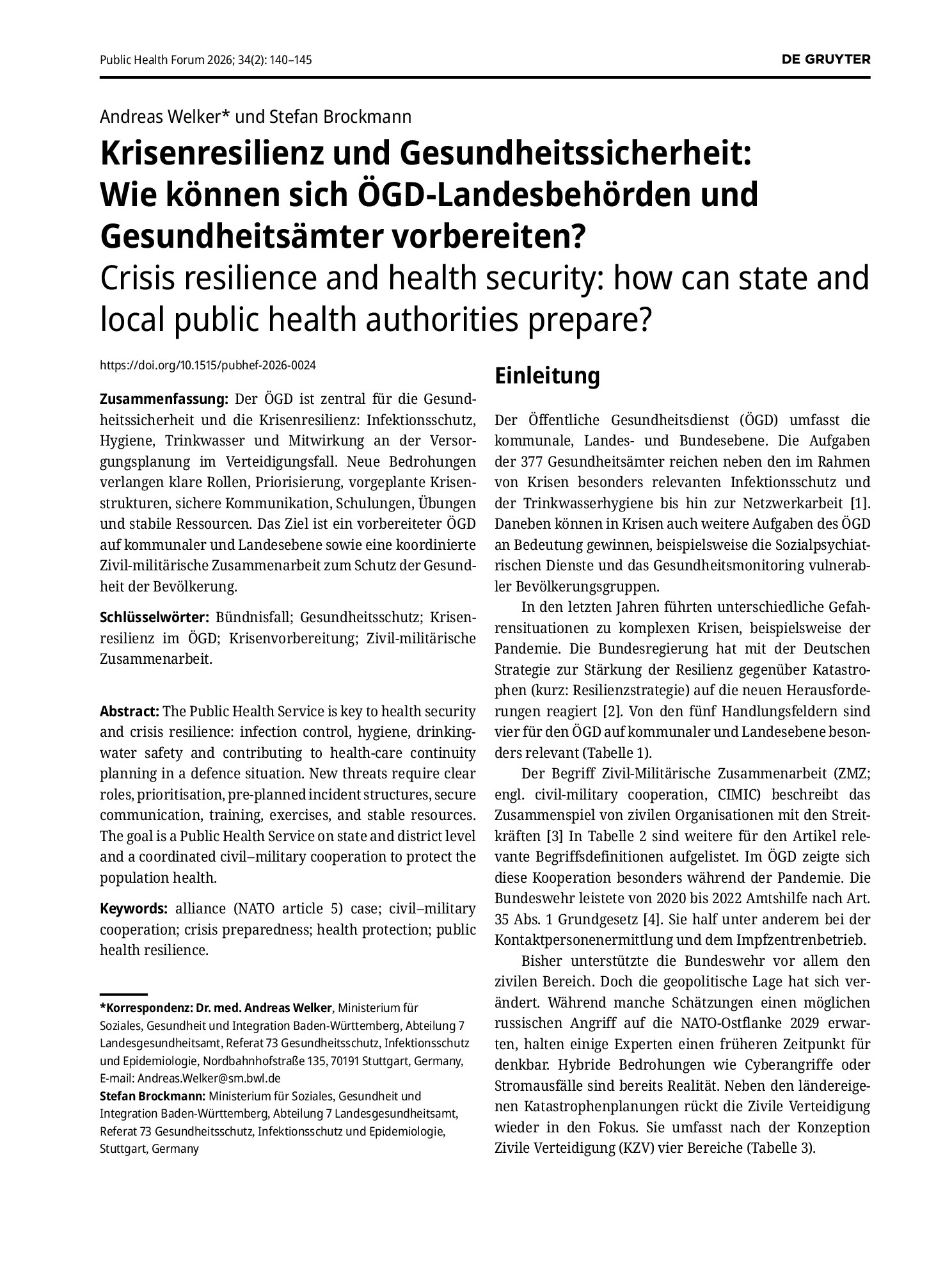 Vorschauseite 1: Krisenresilienz und Gesundheitssicherheit: Wie können sich ÖGD-Landesbehörden und Gesundheitsämter vorbereiten?