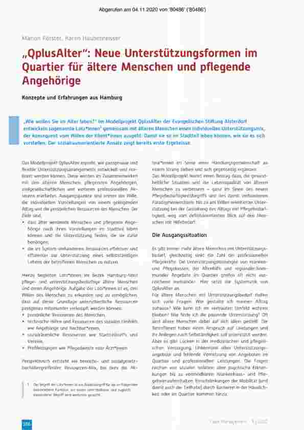 Vorschauseite 1: "QplusAlter": Neue Unterstützungsformen im Quartier für ältere Menschen und pflegende Angehörige