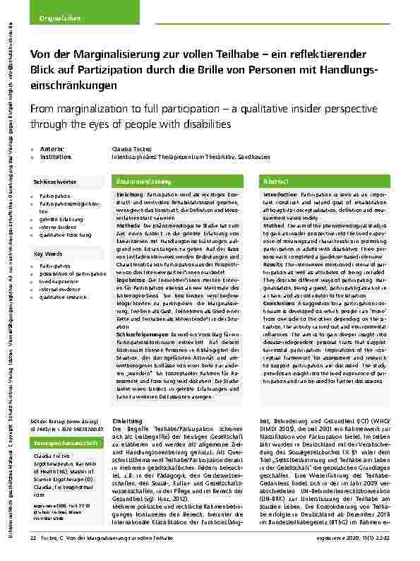 Vorschauseite 1: Von der Marginalisierung zur vollen Teilhabe – ein reflektierender Blick auf Partizipation durch die Brille von Personen mit Handlungseinschränkungen