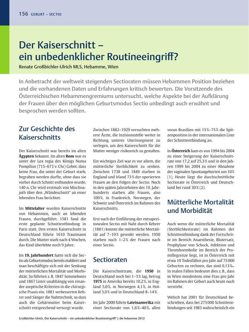 Vorschauseite 1: Der Kaiserschnitt – ein unbedenklicher Routineeingriff?