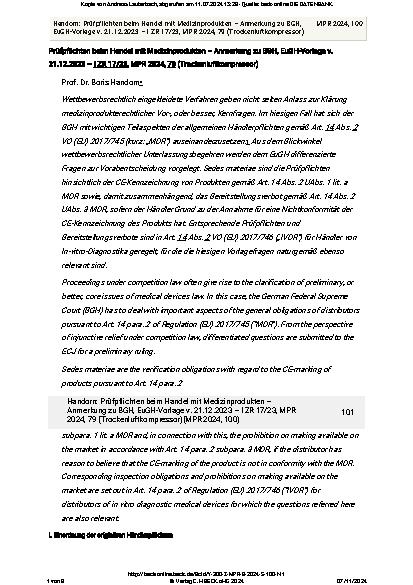 Vorschauseite 1: Prüfpflichten beim Handel mit Medizinprodukten – Anmerkung zu BGH, EuGH-Vorlage v. 21.12.2023 – I ZR 17/23, MPR 2024, 79 (Trockenluftkompressor)
