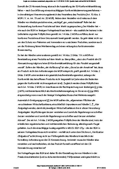 Vorschauseite 2: Prüfpflichten beim Handel mit Medizinprodukten – Anmerkung zu BGH, EuGH-Vorlage v. 21.12.2023 – I ZR 17/23, MPR 2024, 79 (Trockenluftkompressor)