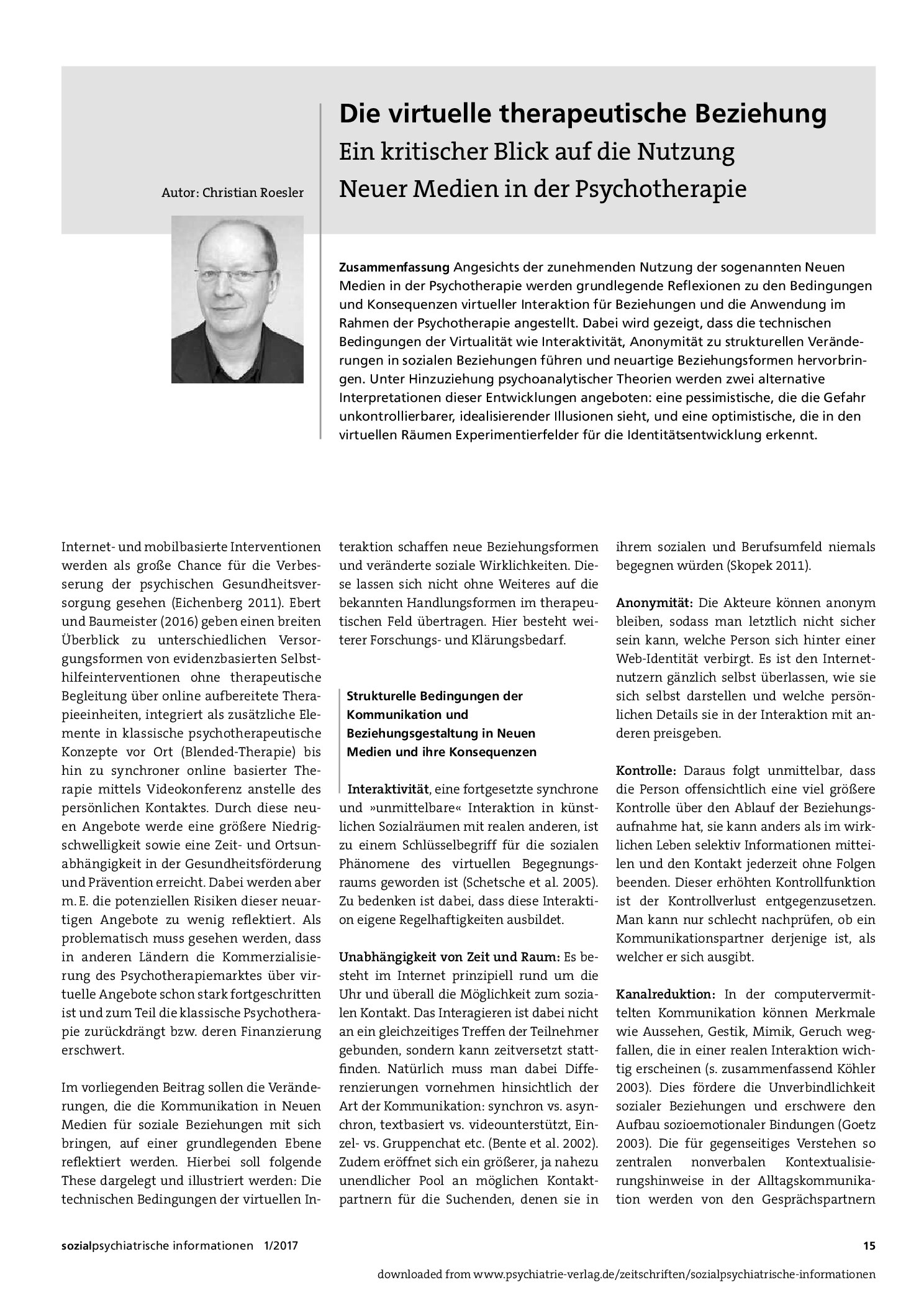 Vorschauseite 1: Die virtuelle therapeutische Beziehung. Ein kritischer Blick auf die Nutzung Neuer Medien in der Psychotherapie