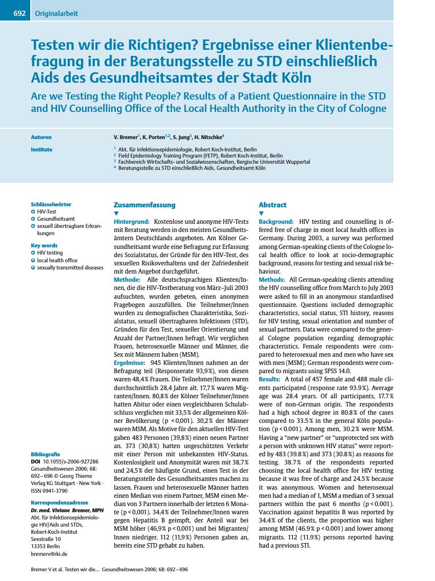 Vorschauseite 1: Testen wir die Richtigen? Ergebnisse einer Klientenbefragung in der Beratungsstelle zu STD einschließlich Aids des Gesundheitsamtes der Stadt Köln