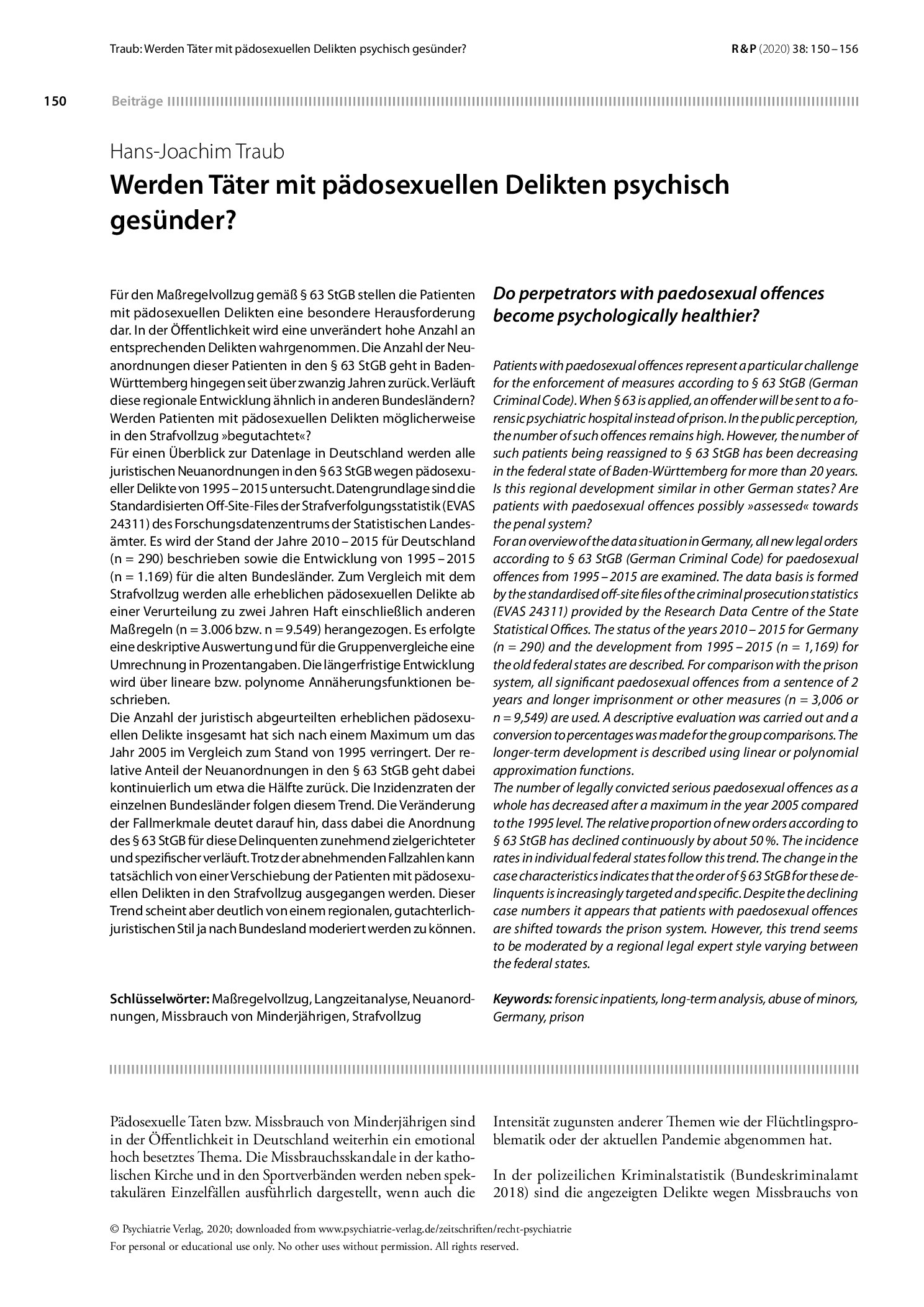 Vorschauseite 1: Werden Täter mit pädosexuellen Delikten psychisch gesünder?
