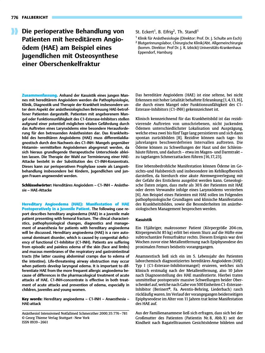 Vorschauseite 1: Die perioperative Behandlung von Patienten mit hereditärem Angioödem (HAE) am Beispiel eines Jugendlichen mit Osteosynthese einer Oberschenkelfraktur