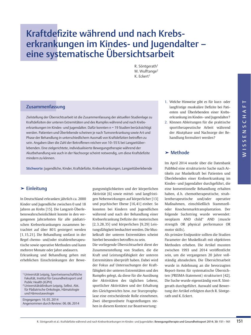 Vorschauseite 1: Kraftdefizite während und nach Krebserkrankungen im Kindesund Jugendalter – eine systematische Übersichtsarbeit