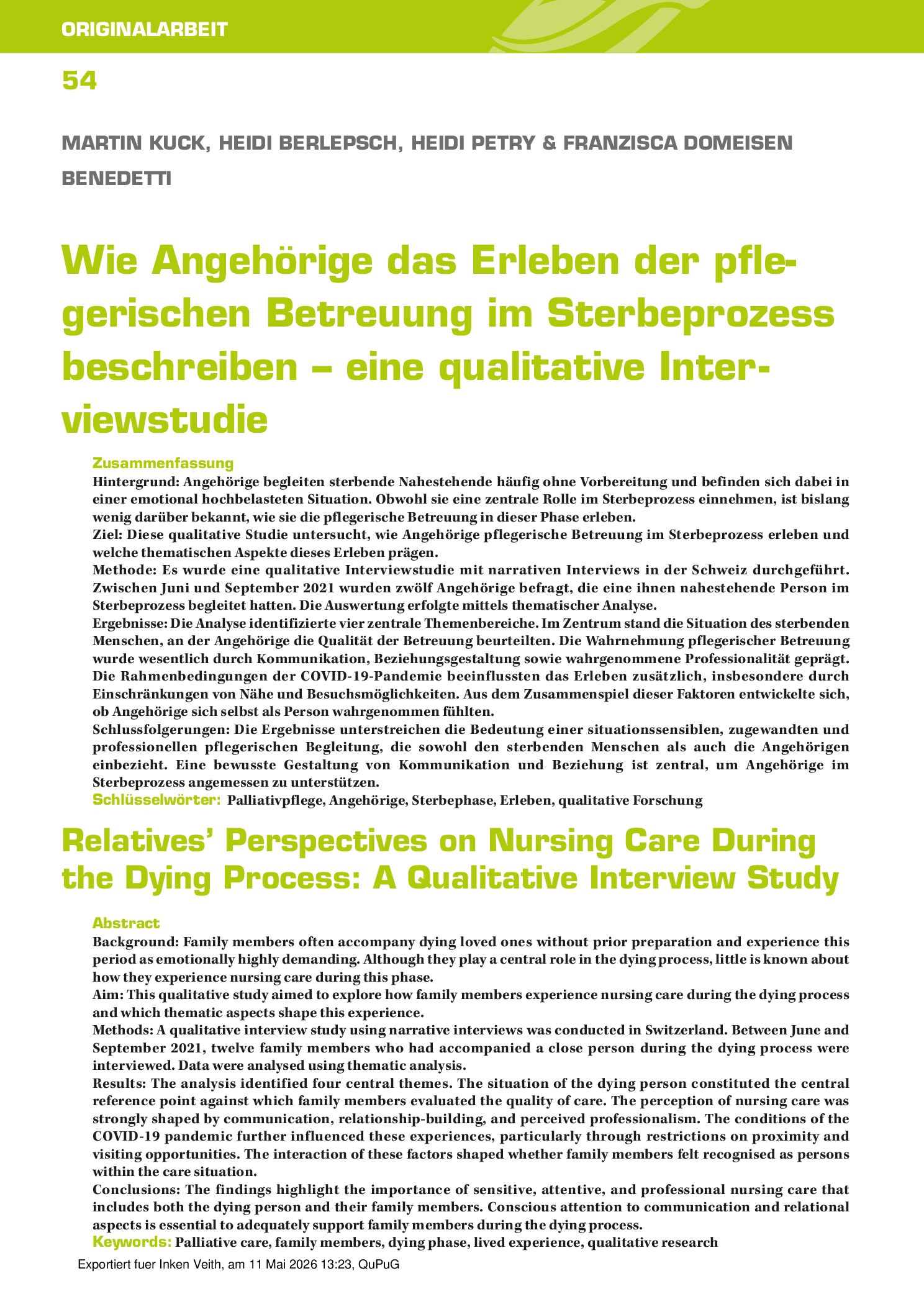 Vorschauseite 1: Wie Angehörige das Erleben der pflegerischen Betreuung im Sterbeprozess beschreiben – eine qualitative Interviewstudie