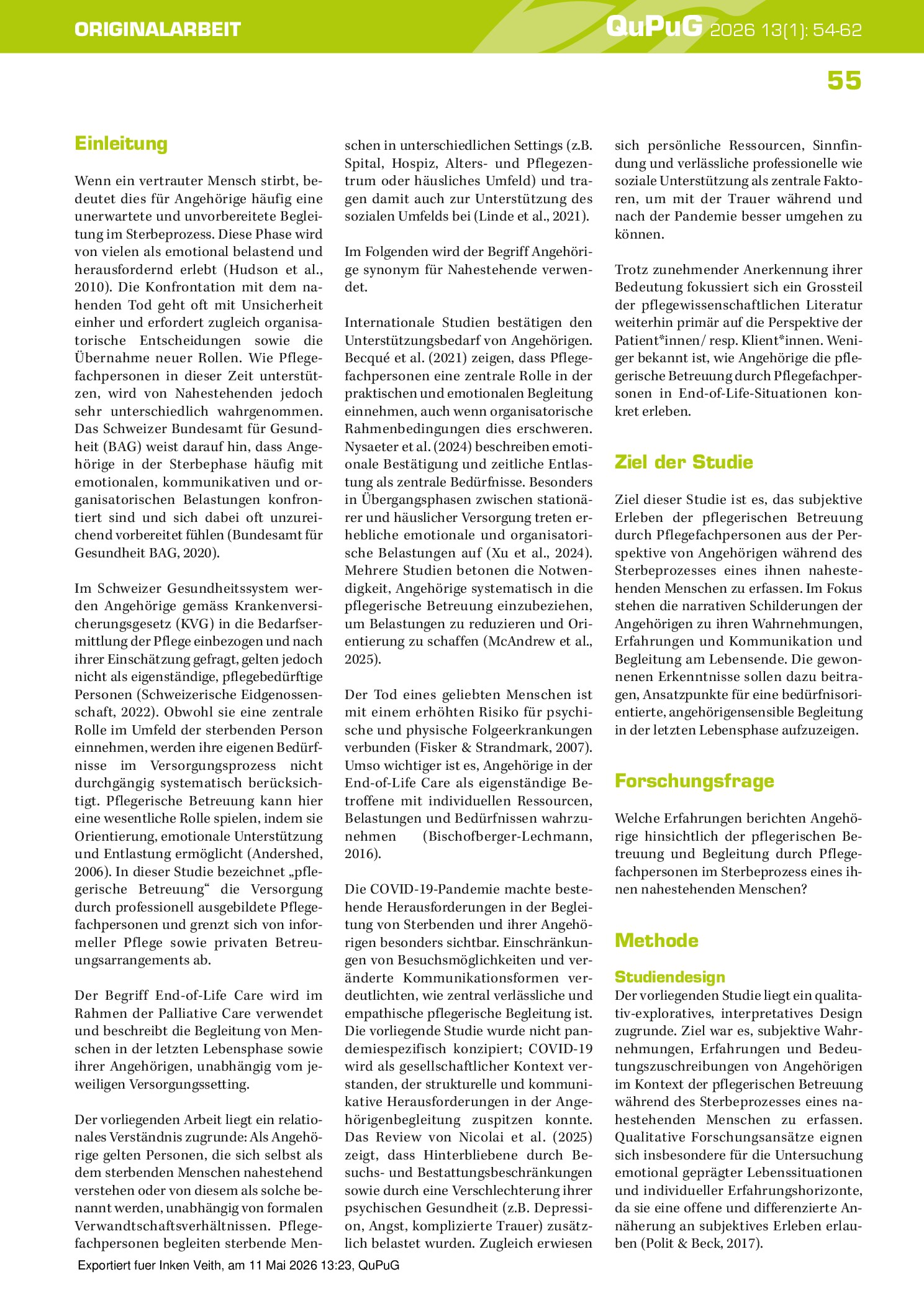 Vorschauseite 2: Wie Angehörige das Erleben der pflegerischen Betreuung im Sterbeprozess beschreiben – eine qualitative Interviewstudie