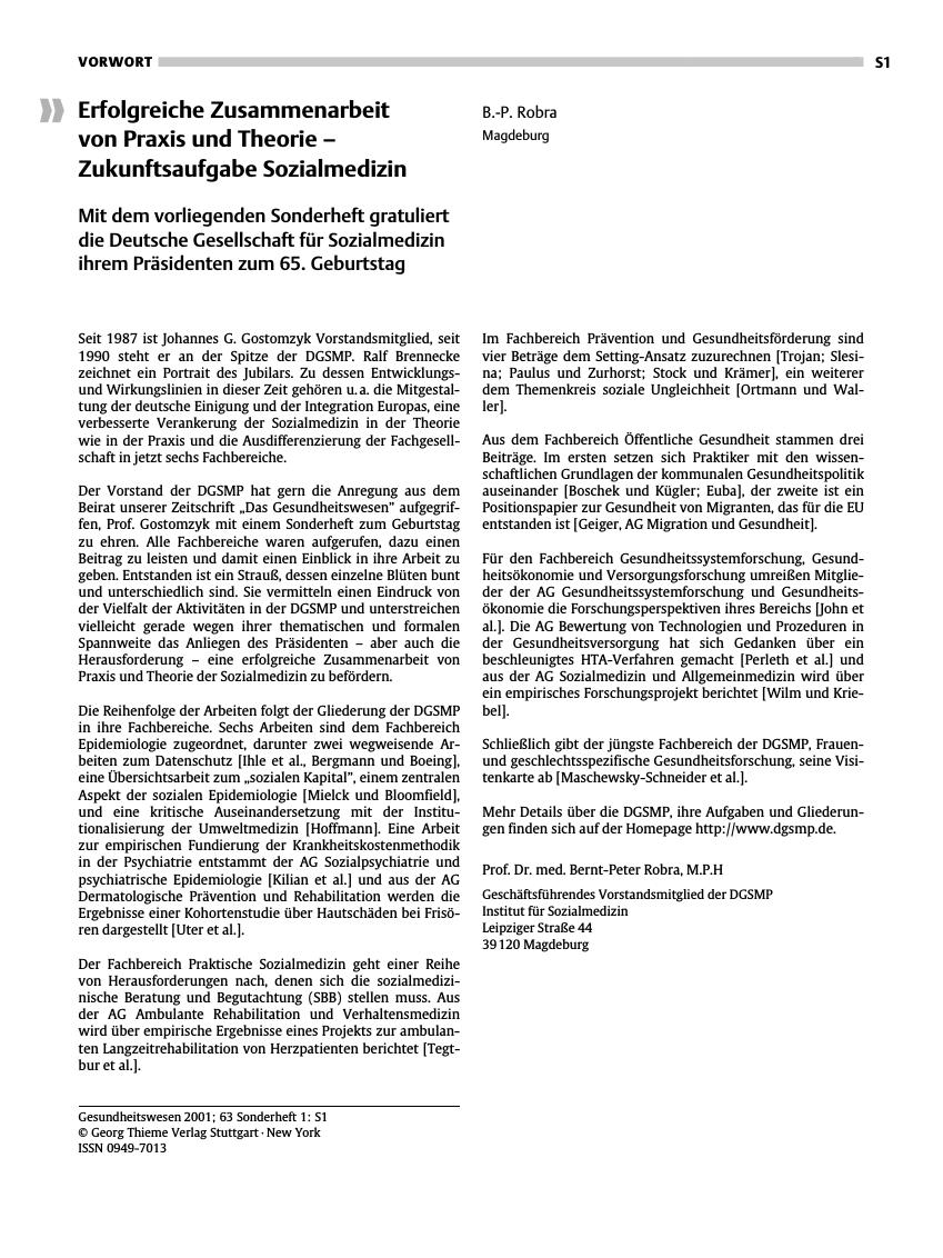 Vorschauseite 1: Erfolgreiche Zusammenarbeit von Praxis und Theorie - Zukunftsaufgabe Sozialmedizin
