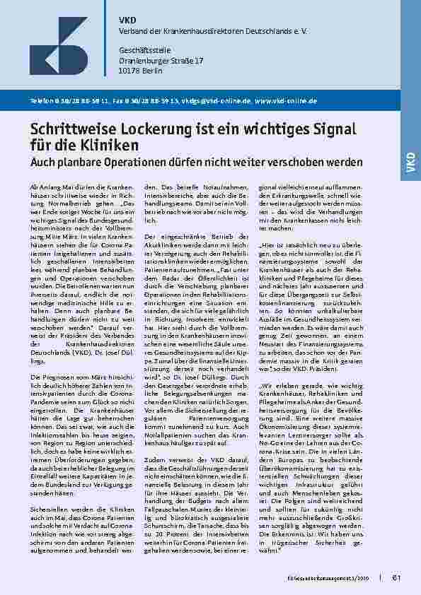 Vorschauseite 1: Schrittweise Lockerung ist ein wichtiges Signal für die Kliniken. Auch planbare Operationen dürfen nicht weiter verschoben werden.