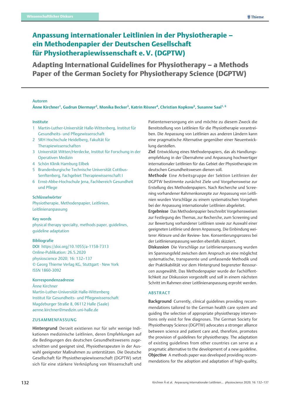 Vorschauseite 1: Anpassung internationaler Leitlinien in der Physiotherapie – ein Methodenpapier der Deutschen Gesellschaft für Physiotherapiewissenschaft e. V. (DGPTW)