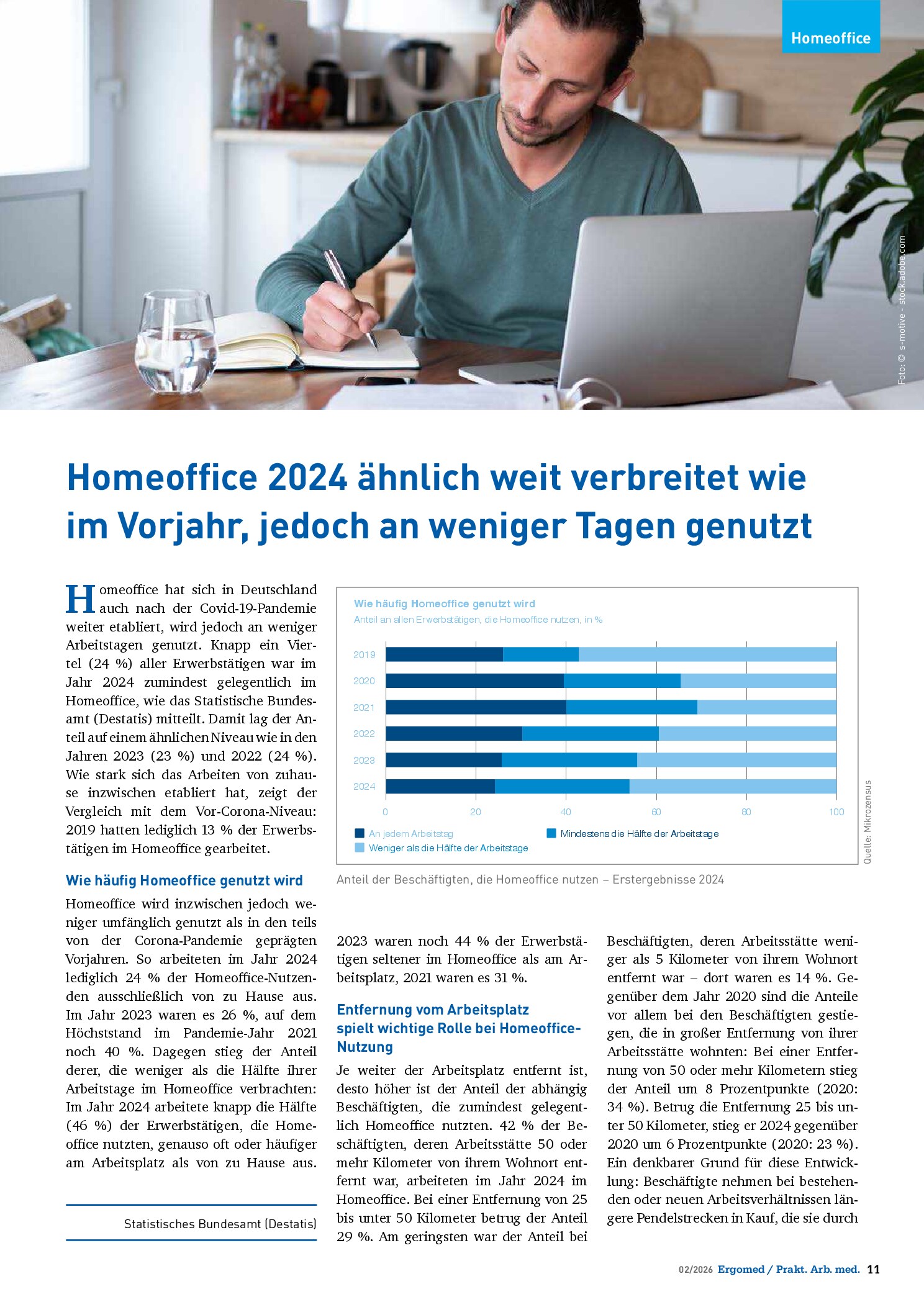 Vorschauseite 1: Homeoffice 2024 ähnlich weit verbreitet wie im Vorjahr, jedoch an weniger Tagen genutzt