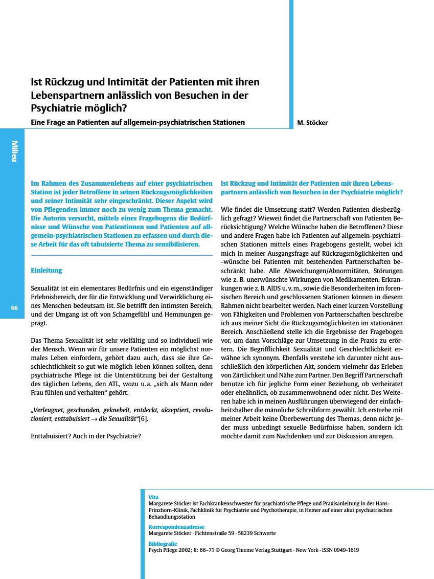 Vorschauseite 1: Ist Rückzug und Intimität der Patienten mit ihren Lebenspartnern anlässlich von Besuchen in der Psychiatrie möglich?