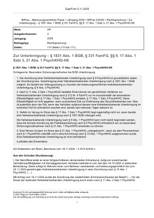 Vorschauseite 1: Zur Unterbringung – § 1831 Abs. 1 BGB, § 331 FamFG, §§ 9,
