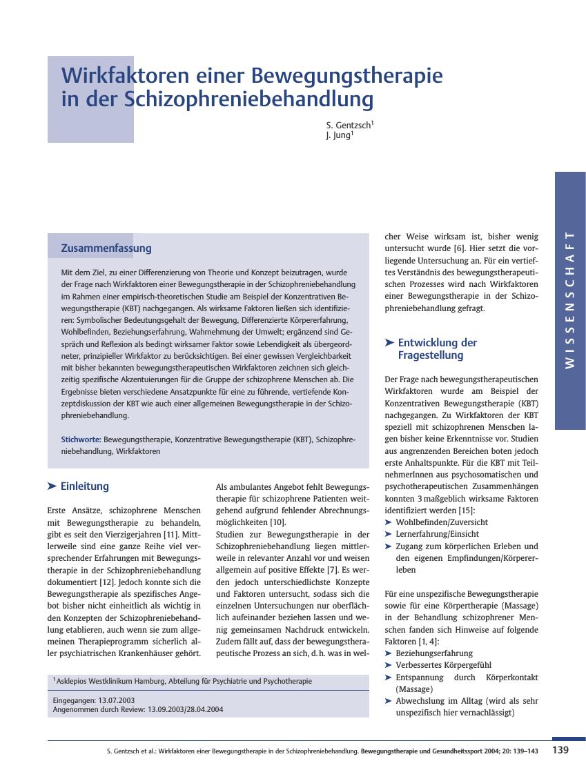 Vorschauseite 1: Wirkfaktoren einer Bewegungstherapie in der Schizophreniebehandlung