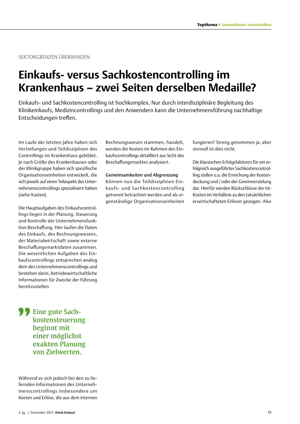 Vorschauseite 1: Sektorgrenzen überwinden: Einkaufsversus Sachkostencontrolling im Krankenhaus – zwei Seiten derselben Medaille?