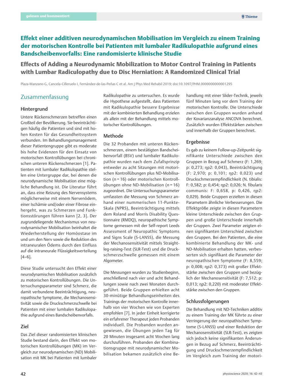 Vorschauseite 1: Effekt einer additiven neurodynamischen Mobilisation im Vergleich zu einem Training der motorischen Kontrolle bei Patienten mit lumbaler Radikulopathie aufgrund eines Bandscheiben…