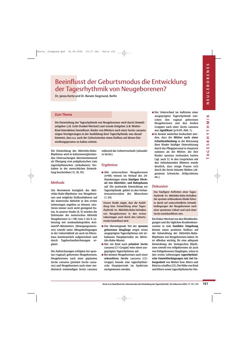 Vorschauseite 1: Beeinflusst der Geburtsmodus die Entwicklung der Tagesrhythmik von Neugeborenen?