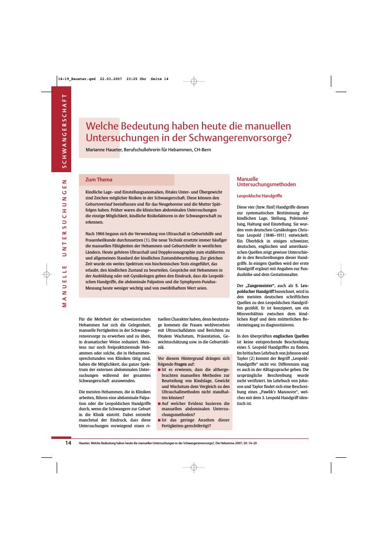 Vorschauseite 1: Welche Bedeutung haben heute die manuellen Untersuchungen in der Schwangerenvorsorge?