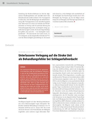 Vorschauseite 1: Unterlassene Verlegung auf die Stroke Unit als Behandlungsfehler bei Schlaganfallverdacht