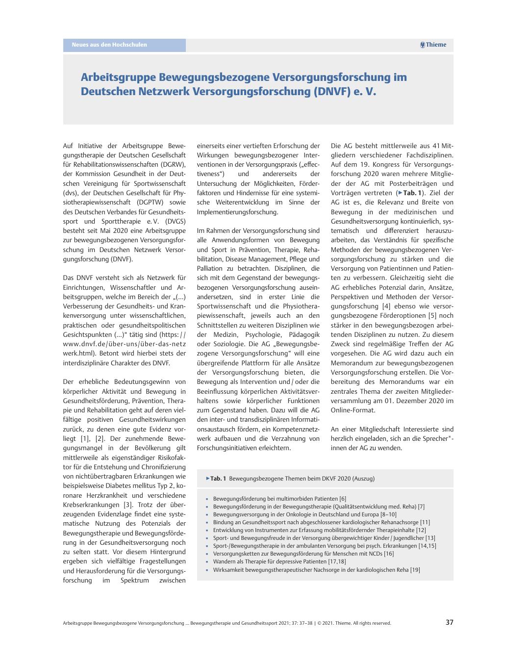 Vorschauseite 1: Arbeitsgruppe Bewegungsbezogene Versorgungsforschung im Deutschen Netzwerk Versorgungsforschung (DNVF) e. V.