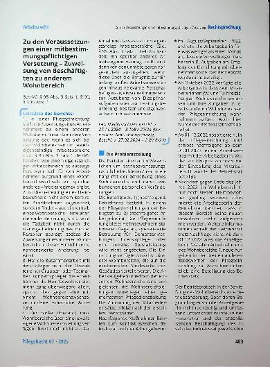 Vorschauseite 1: Zu den Voraussetzungen einer mitbestimmungspflichtigen Versetzung - Zuweisung von Beschäftigten zu anderem Wohnbereich
