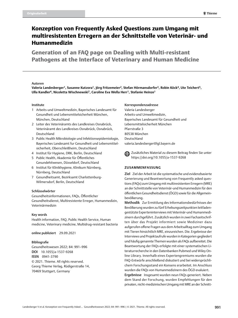 Vorschauseite 1: Konzeption von Frequently Asked Questions zum Umgang mit multiresistenten Erregern an der Schnittstelle von Veterinärund Humanmedizin