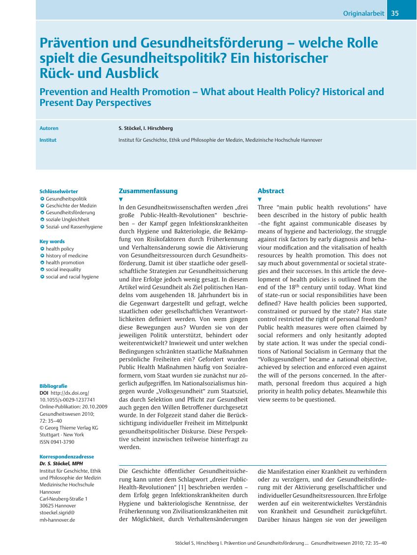 Vorschauseite 1: Prävention und Gesundheitsförderung – welche Rolle spielt die Gesundheitspolitik? Ein historischer Rückund Ausblick