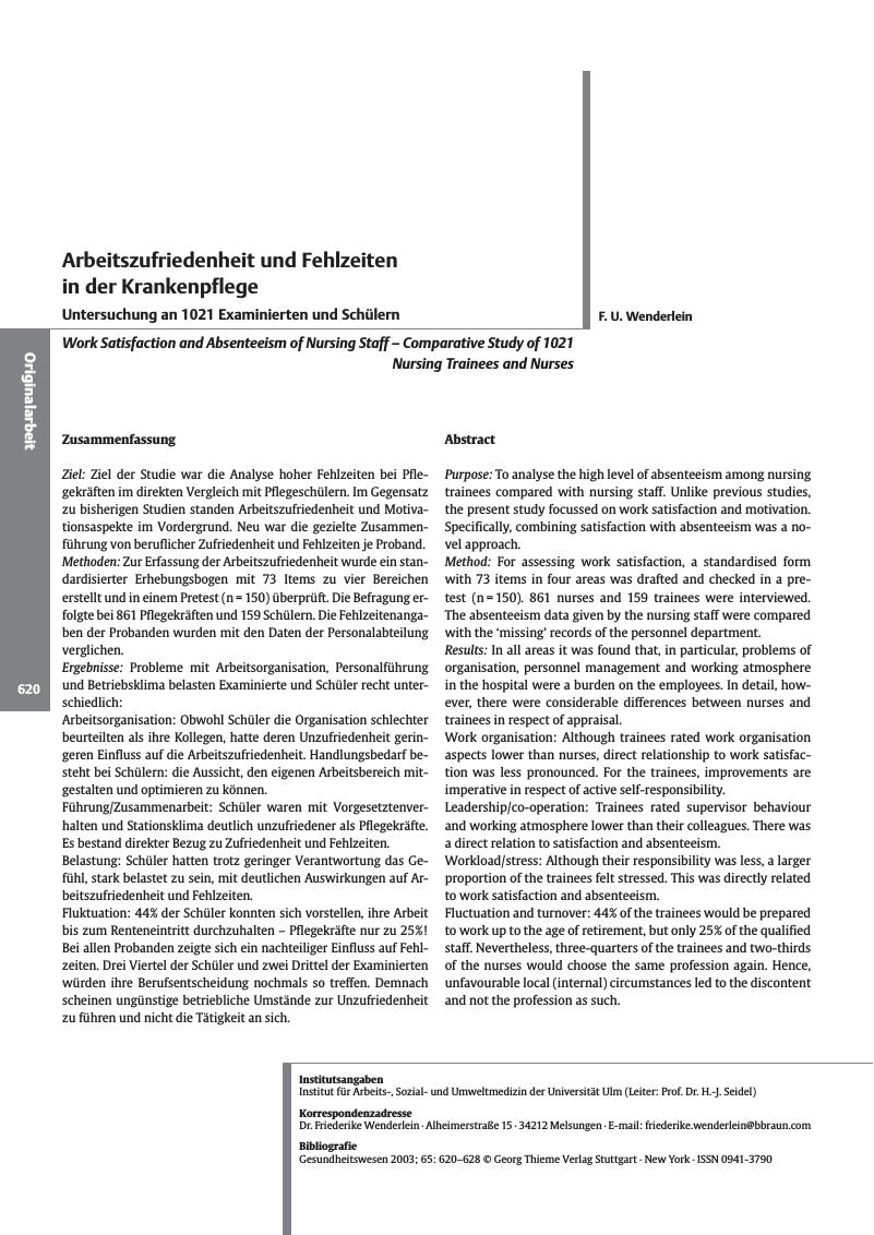Vorschauseite 1: Arbeitszufriedenheit und Fehlzeiten in der Krankenpflege