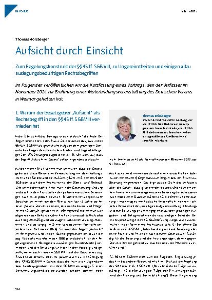 Vorschauseite 1: Aufsicht durch Einsicht Zum Regelungskonstrukt der §§ 45 ff. SGB VIII, zu Ungereimtheiten und einigen allzu auslegungsbedürftigen Rechtsbegriffen