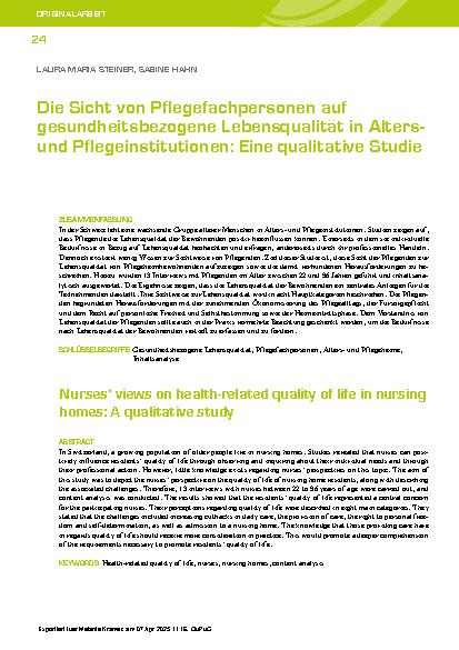 Vorschauseite 1: Die Sicht von Pflegefachpersonen auf gesundheitsbezogene Lebensqualität in Altersund Pflegeinstitutionen: Eine qualitative Studie