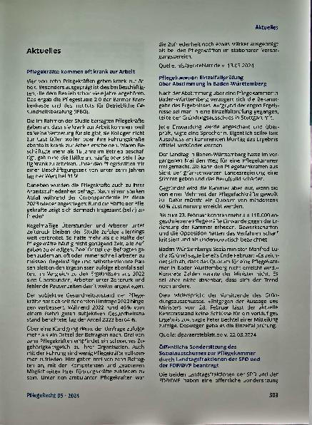 Vorschauseite 1: Aktuelles: Pflegekräfte kommen oft krank zur Arbeit.
