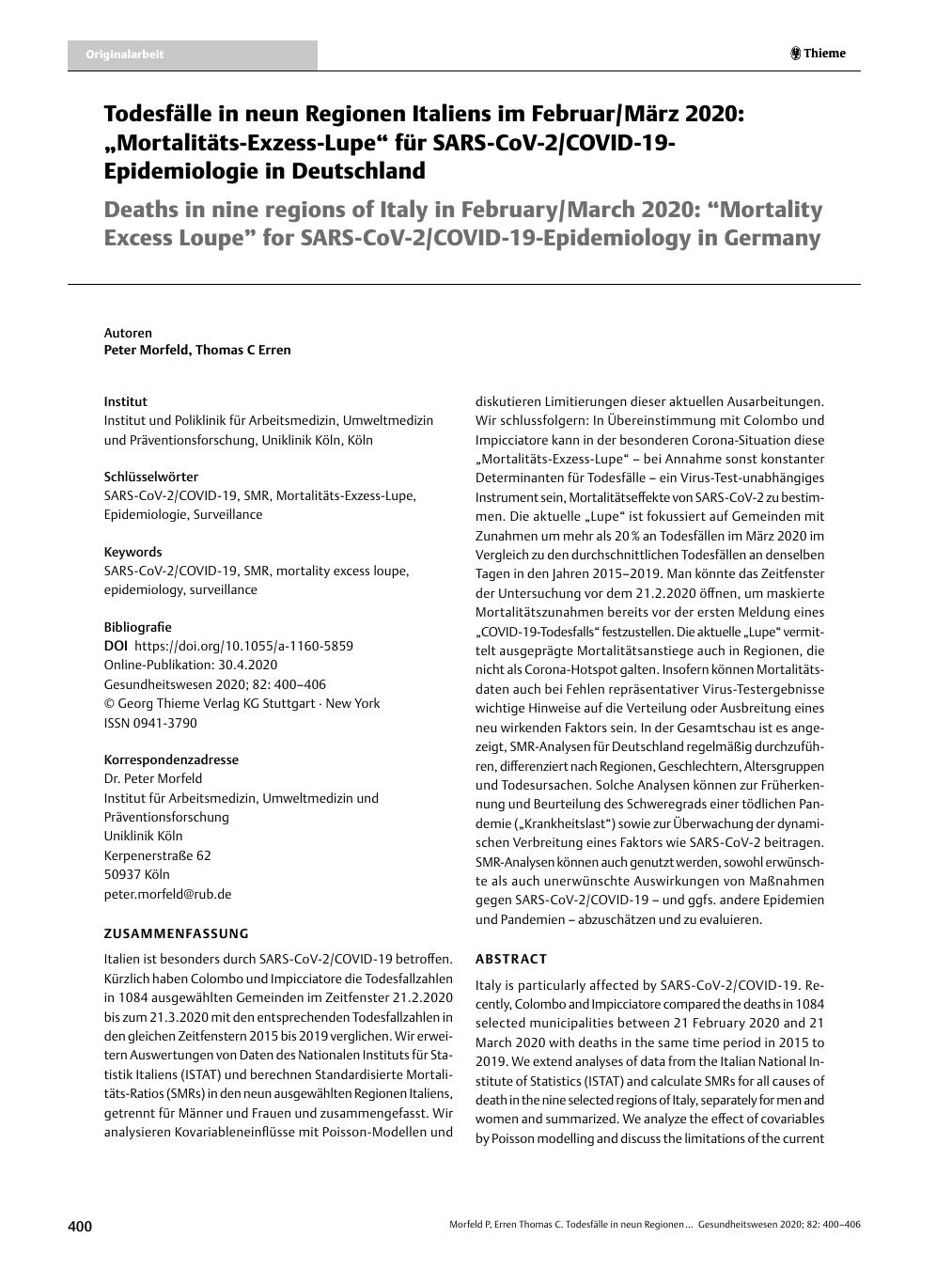 Vorschauseite 1: Todesfälle in neun Regionen Italiens im Februar/März 2020: „Mortalitäts-Exzess-Lupe“ für SARS-CoV-2/COVID-19-Epidemiologie in Deutschland