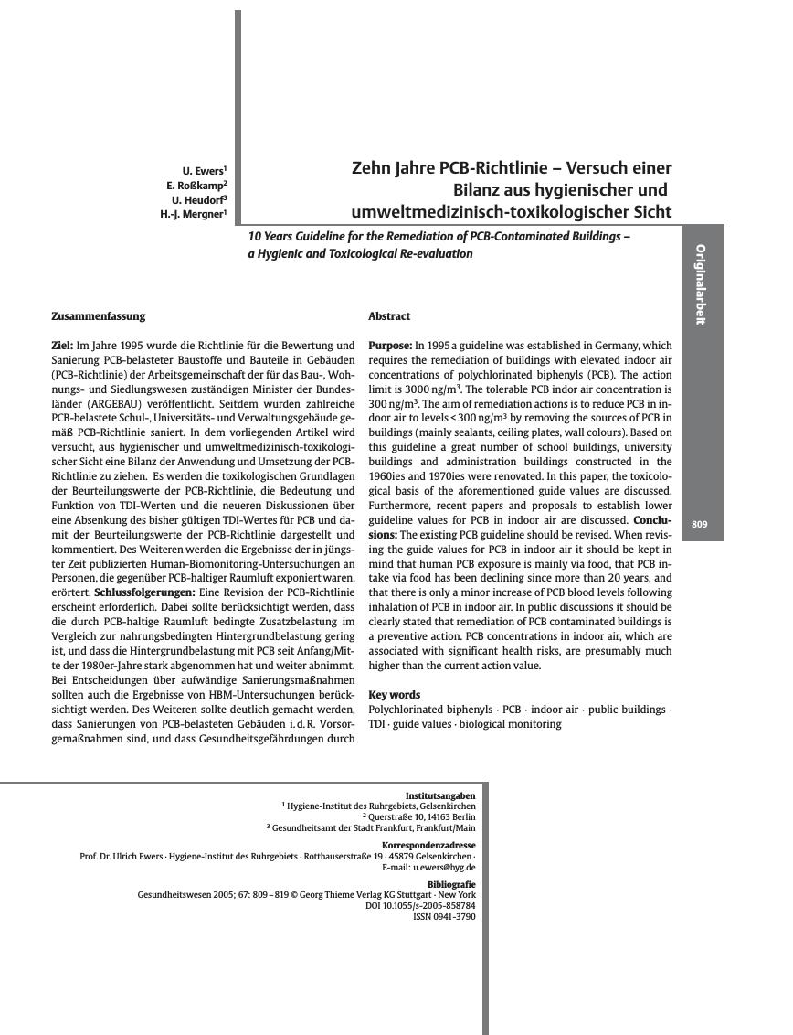 Vorschauseite 1: Zehn Jahre PCB-Richtlinie - Versuch einer Bilanz aus hygienischer und umweltmedizinisch-toxikologischer Sicht