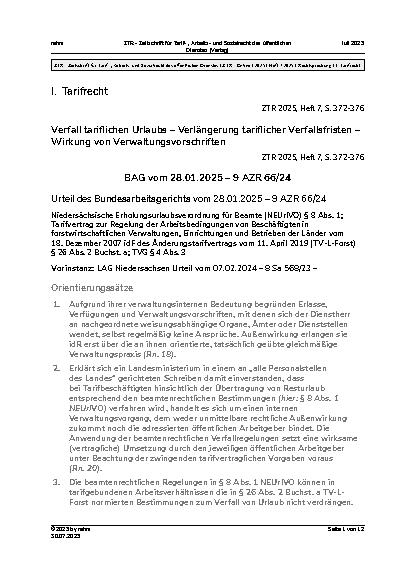 Vorschauseite 1: Tarifrecht Verfall tariflichen Urlaubs – Verlängerung tariflicher Verfallsfristen – Wirkung von Verwaltungsvorschriften