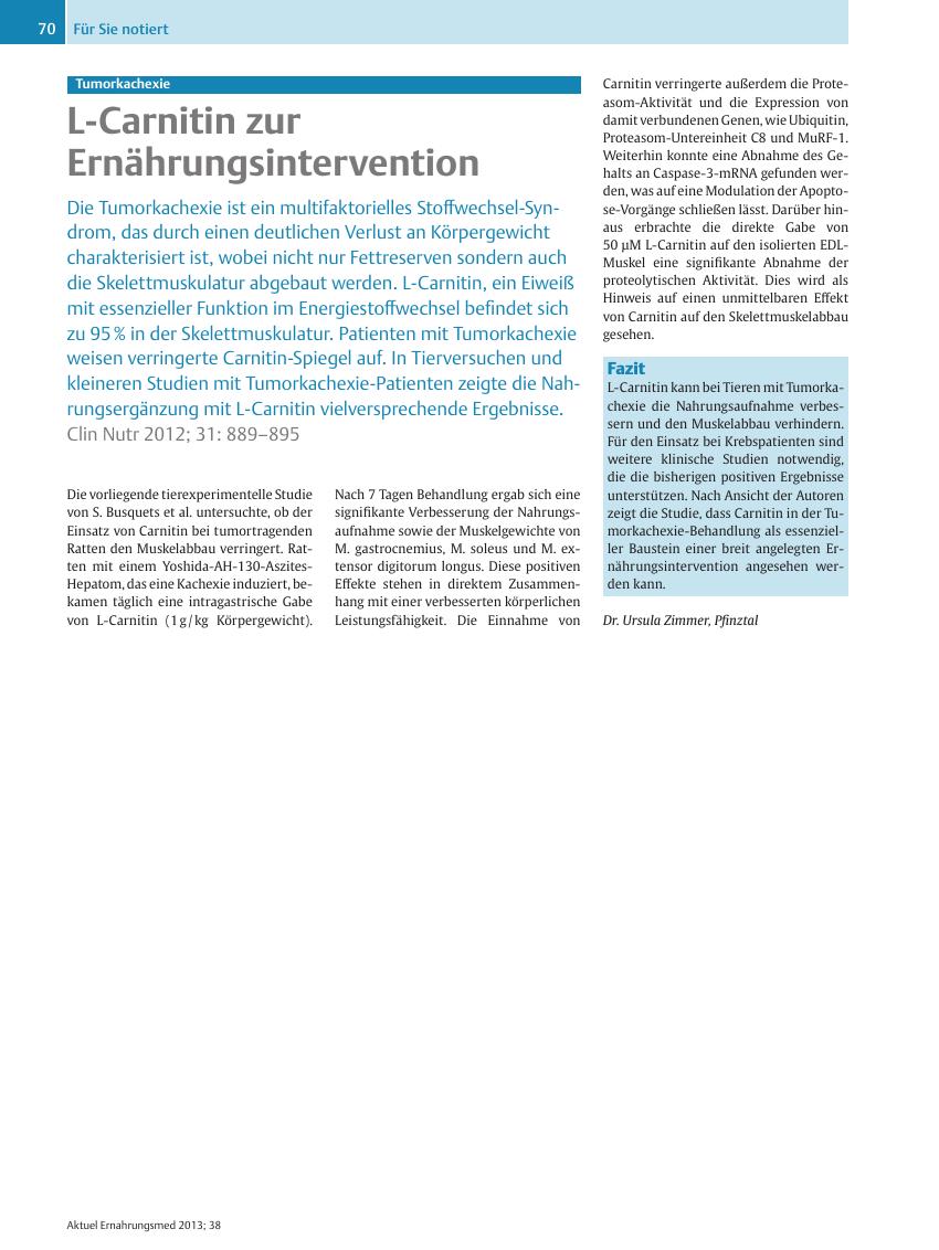Vorschauseite 1: Tumorkachexie – L-Carnitin zur Ernährungsintervention