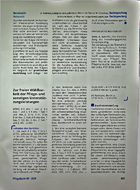 Vorschauseite 1: Zur freien Wählbarkeit der Pflegeund sonstigen Unterstützungsleistungen