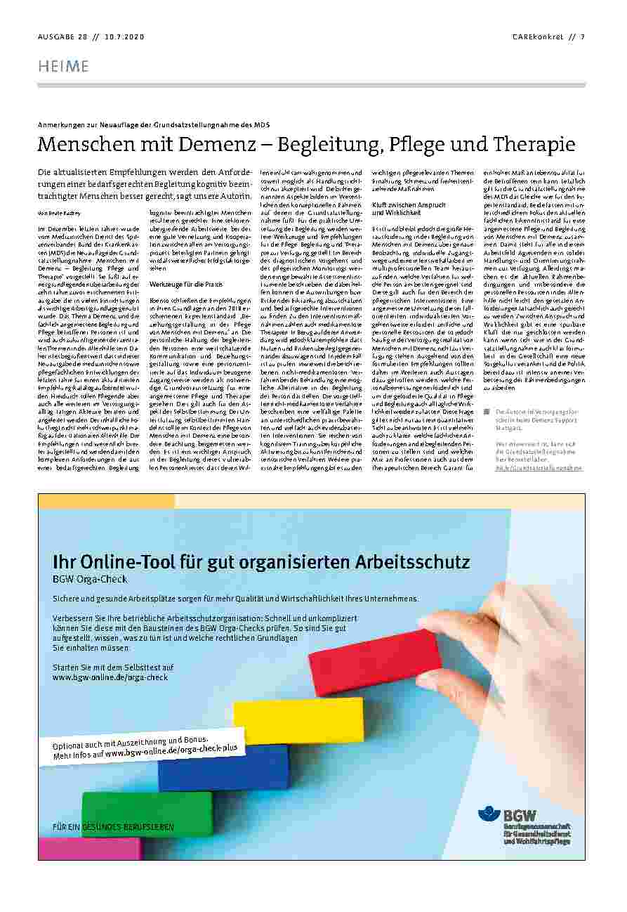 Vorschauseite 1: Anmerkungen zur Neuauflage der Grundsatzstellungnahme des MDS Menschen mit Demenz – Begleitung, Pflege und Therapie