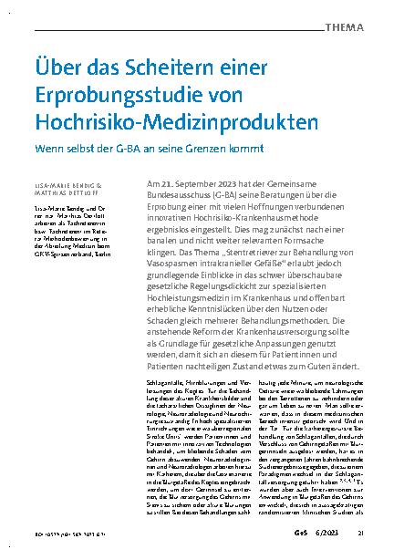 Vorschauseite 1: Über das Scheitern einer Erprobungsstudie von Hochrisiko-Medizinprodukten: Wenn selbst der G-BA an seine Grenzen kommt