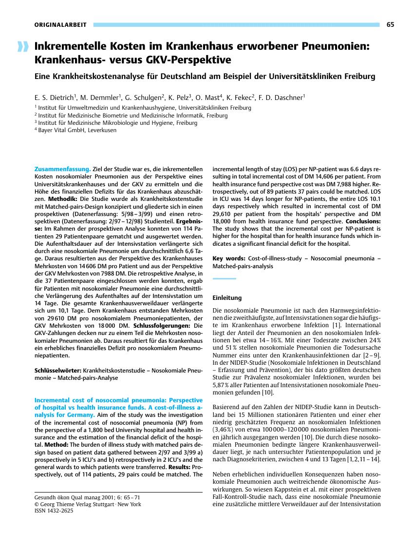 Vorschauseite 1: Inkrementelle Kosten im Krankenhaus erworbener Pneumonien: Krankenhausversus GKV-Perspektive