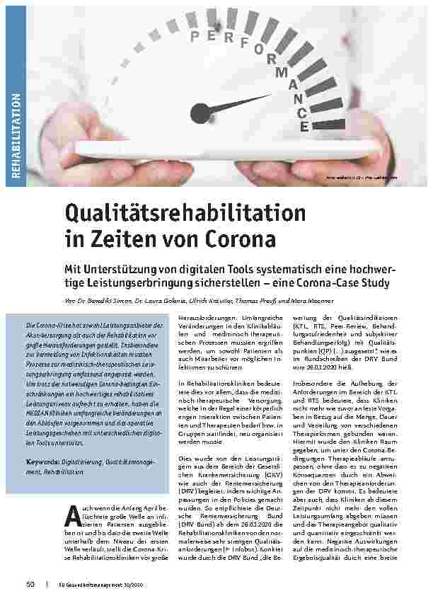 Vorschauseite 1: Qualitätsrehabilitation in Zeiten von Corona: Mit Unterstützung von digitalen Tools systematisch eine hochwertige Leistungserbringung sicherstellen – eine Corona-Case-Study