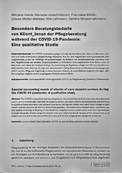Vorschauseite 1: Besondere Beratungsbedarfe von Klientinnen der Pflegeberatung während der COVID-19-Pandemie: Eine qualitative Studie