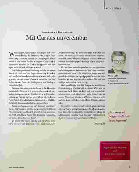 Vorschauseite 1: Rassismus und Fremdenhass mit Caritas unvereinbar