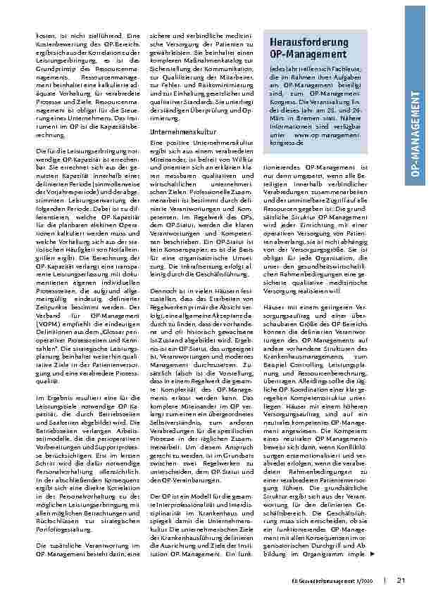 Vorschauseite 2: OP-Management etabliert Unternehmenskultur, Effizienz und Qualitätssicherung. Standortbestimmung und kritische Fragen zur Wirksamkeit.
